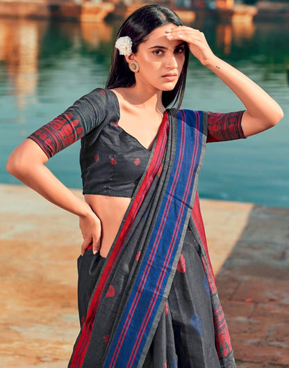 Dark Grey & Multicoloured Silk Woven Saree