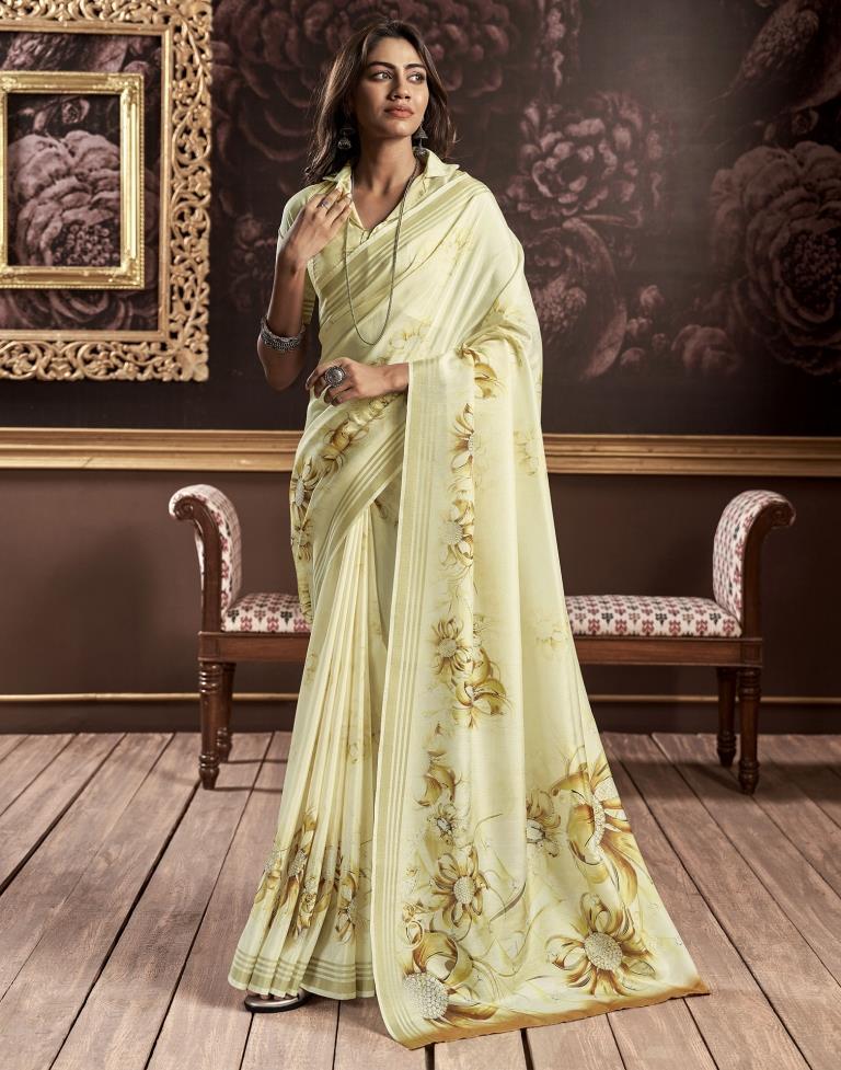 Light Yellow Silk Printed Saree