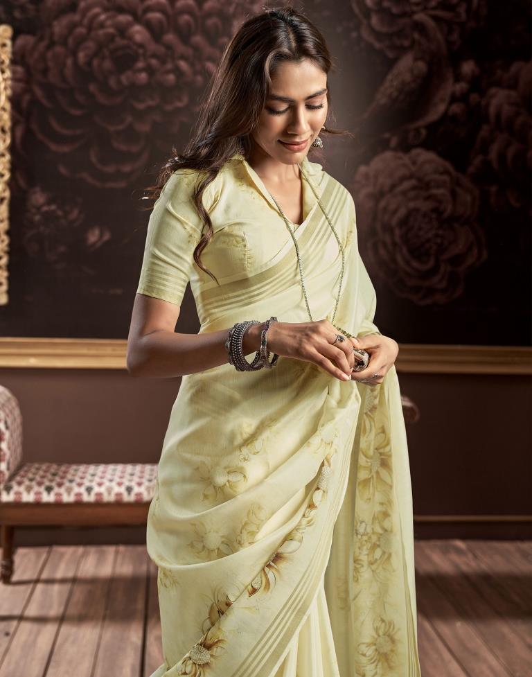 Light Yellow Silk Printed Saree