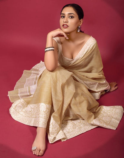 Light  Beige  Cotton Woven Saree
