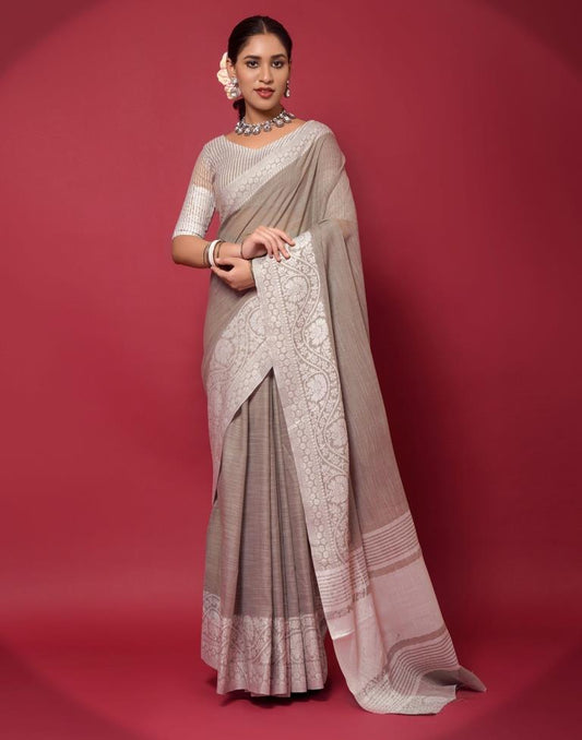Light Grey Cotton Woven Saree