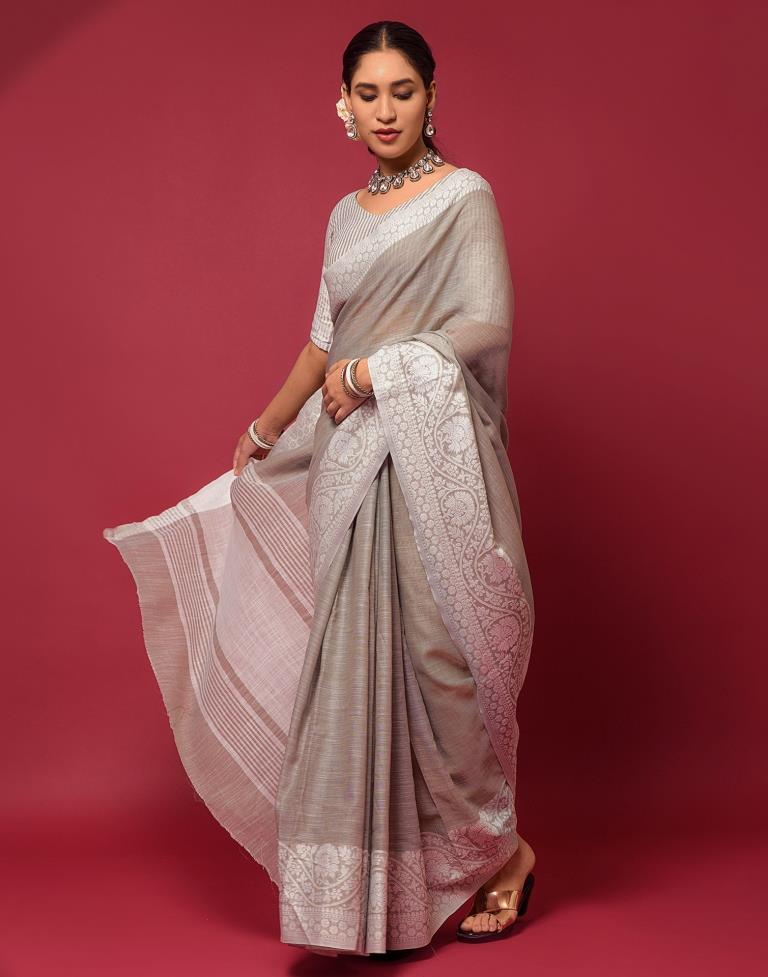 Light Grey Cotton Woven Saree