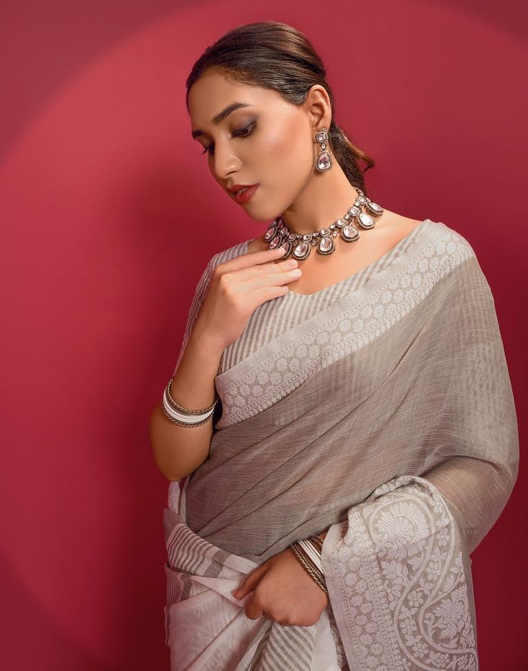 Light Grey Cotton Woven Saree