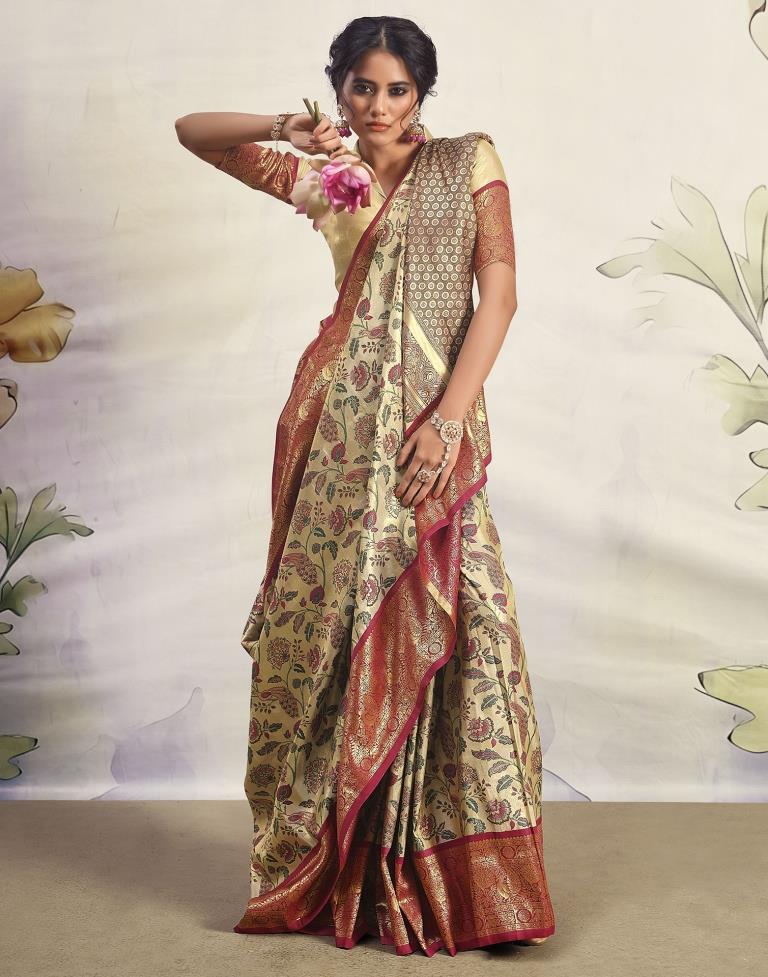Golden & Maroon Silk Woven Saree