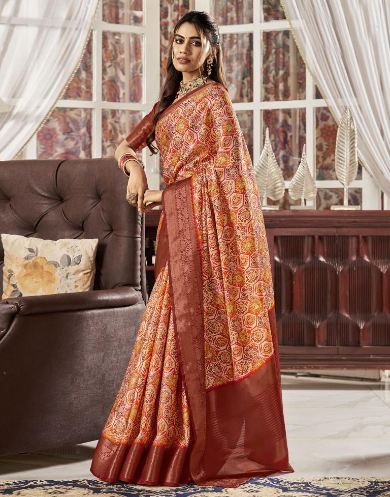 Brown & Multicoloured Silk Printed Saree
