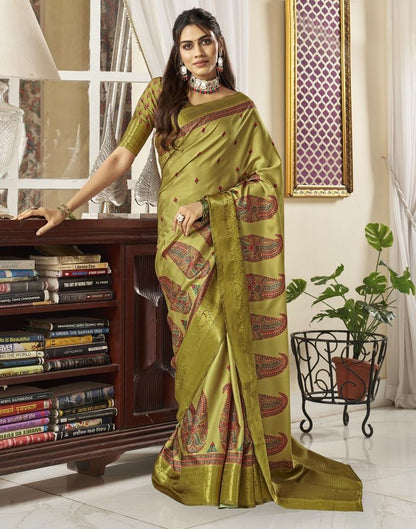 Olive Green Silk Printed Saree