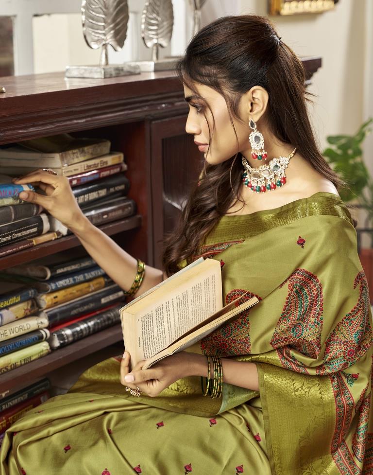 Olive Green Silk Printed Saree