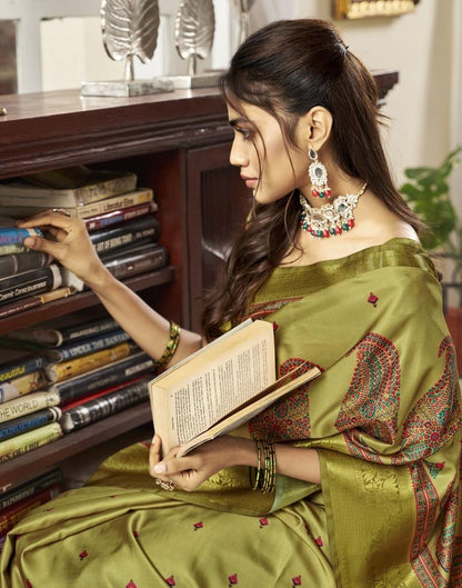 Olive Green Silk Printed Saree
