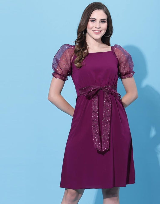 Wine puff sleeve dress | Leemboodi