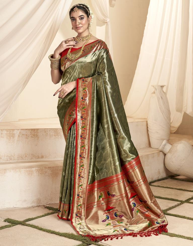 Army Green Silk Woven Saree