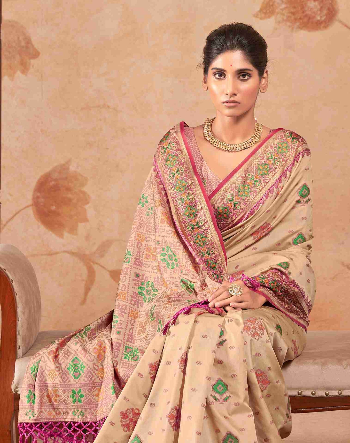 Beige Silk Woven Saree