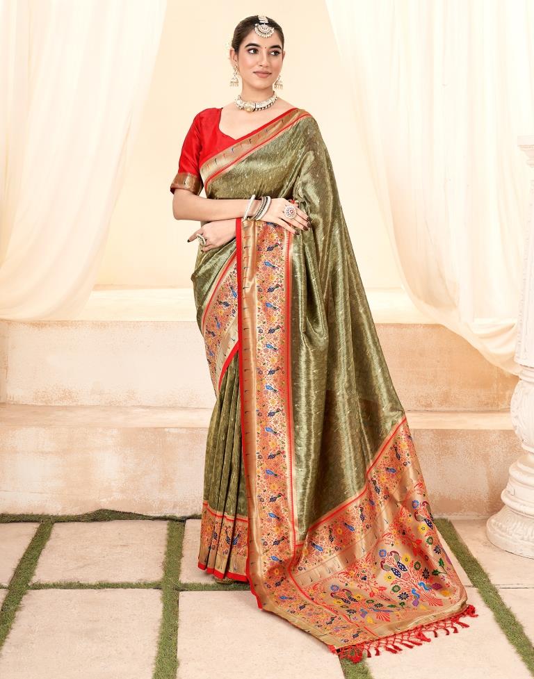 Army Green Silk Woven Saree