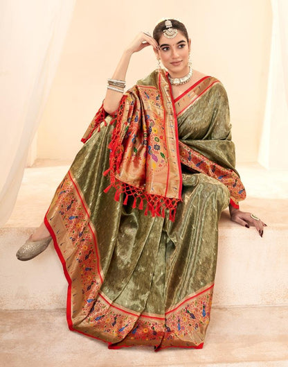 Army Green Silk Woven Saree