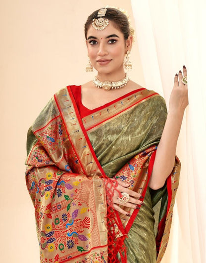 Army Green Silk Woven Saree