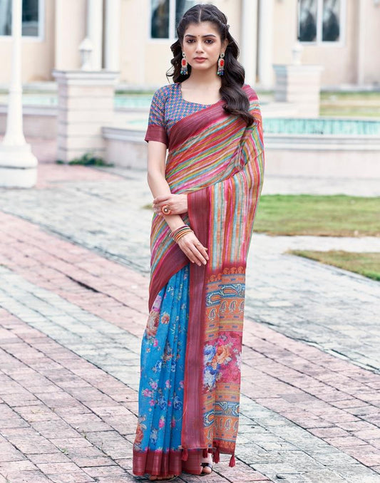 Sky Blue Linen Printed Saree