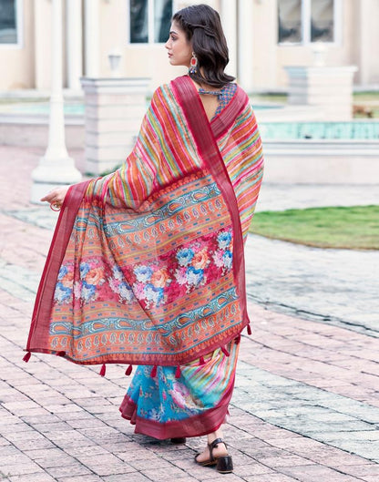 Sky Blue Linen Printed Saree