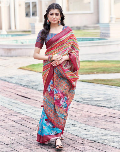 Sky Blue Linen Printed Saree