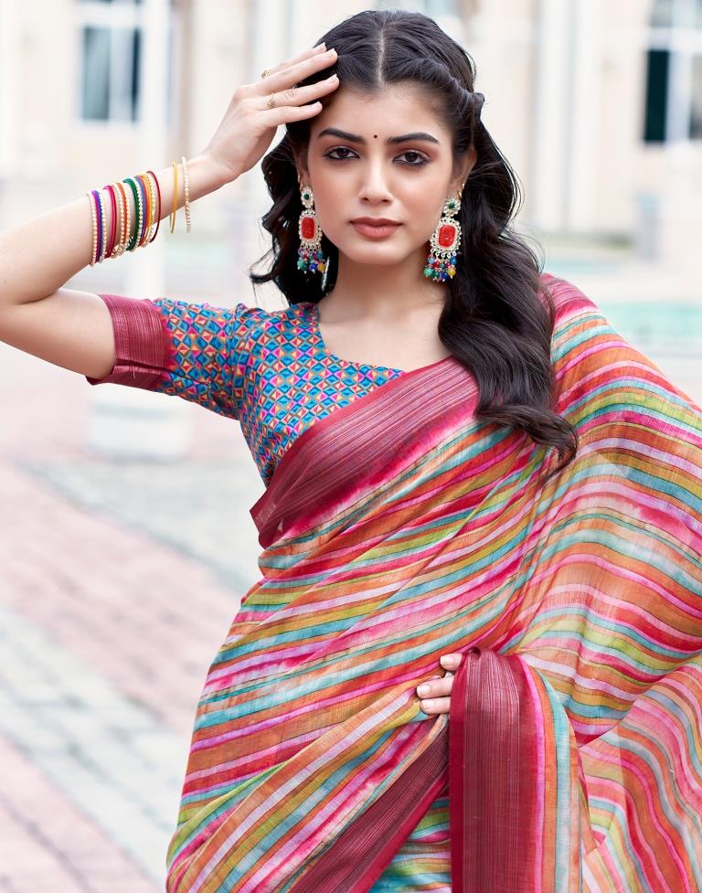 Sky Blue Linen Printed Saree