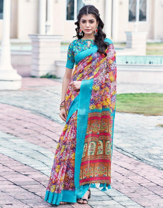 Multi Linen Printed Saree