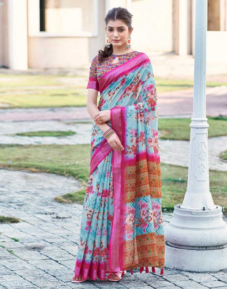 Light Blue Linen Printed Saree