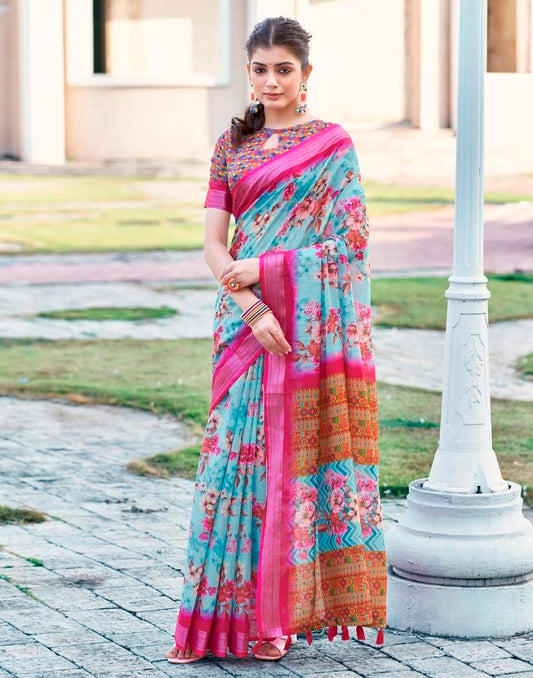 Light Blue Linen Printed Saree