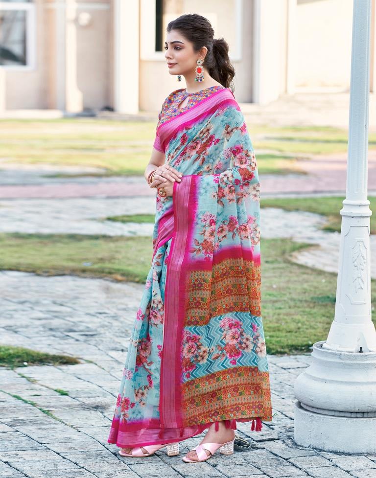 Light Blue Linen Printed Saree