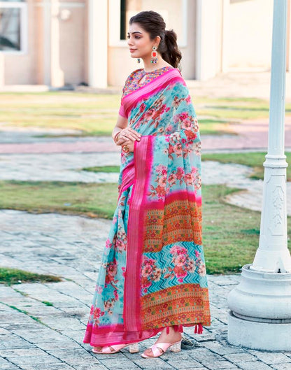 Light Blue Linen Printed Saree