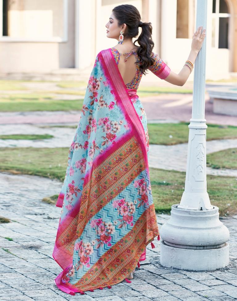 Light Blue Linen Printed Saree