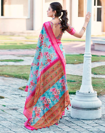 Light Blue Linen Printed Saree