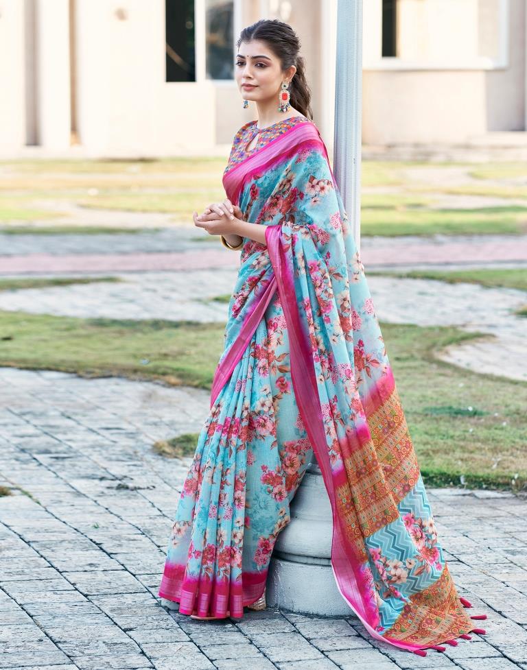 Light Blue Linen Printed Saree