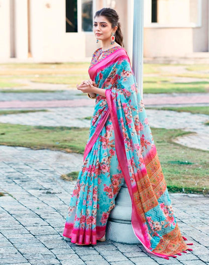 Light Blue Linen Printed Saree