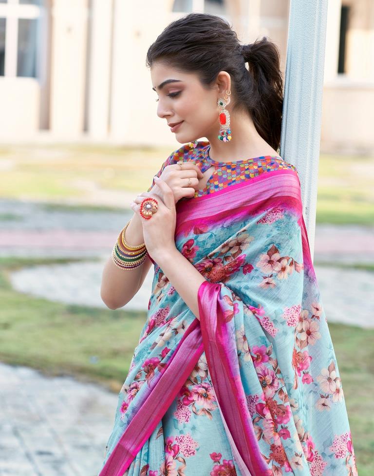 Light Blue Linen Printed Saree
