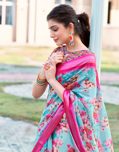 Light Blue Linen Printed Saree