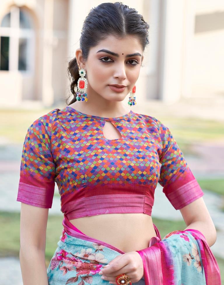 Light Blue Linen Printed Saree