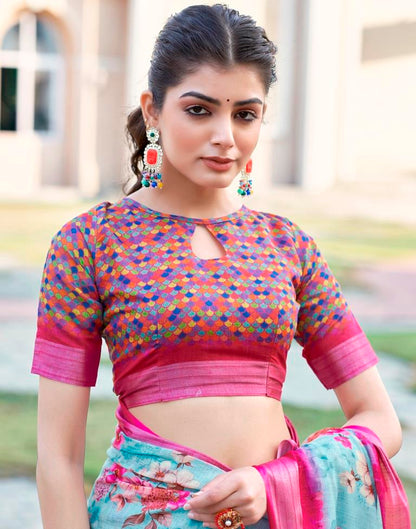 Light Blue Linen Printed Saree