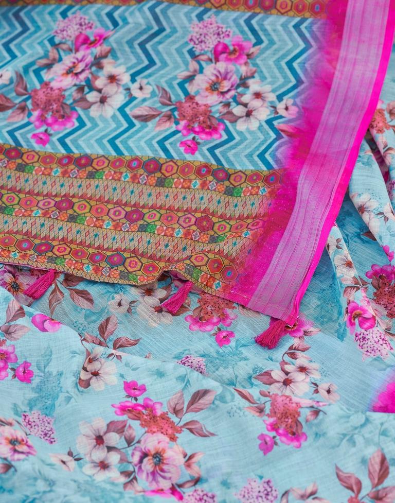Light Blue Linen Printed Saree