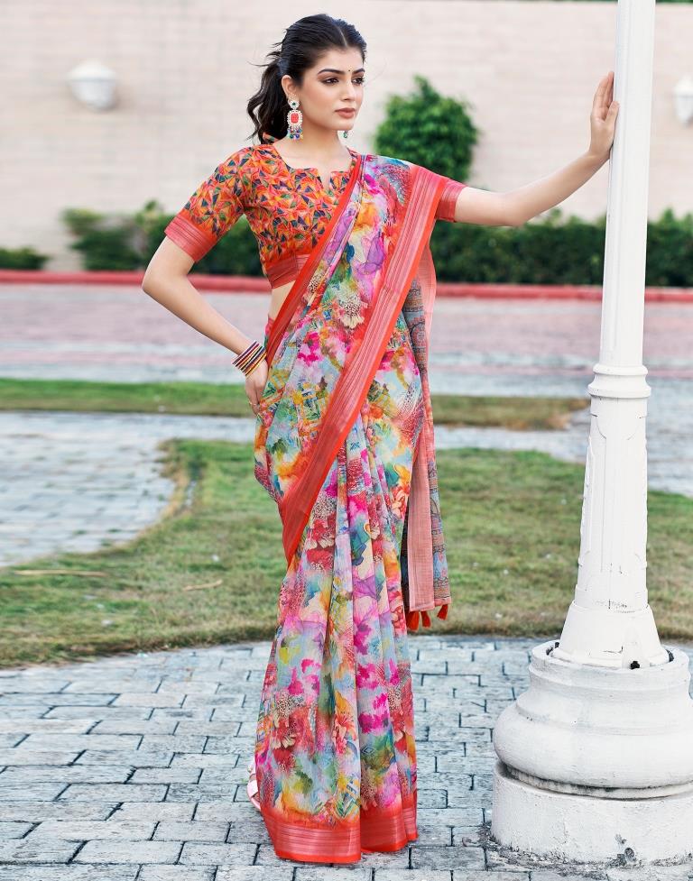 Multi Linen Printed Saree