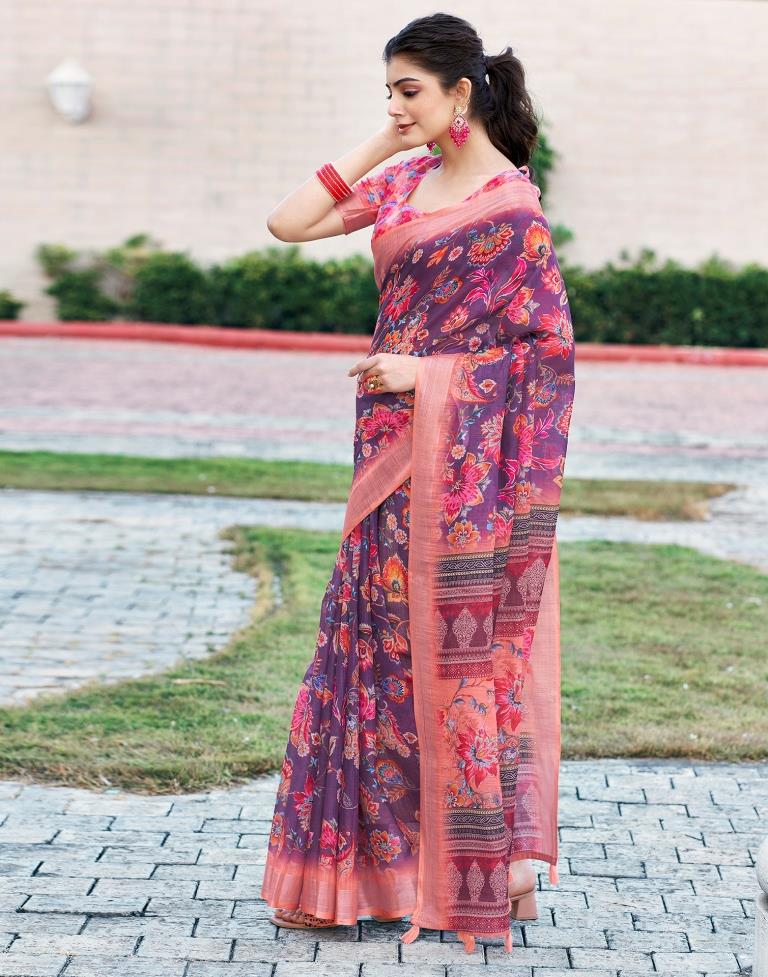 Wine Linen Printed Saree