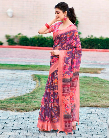 Wine Linen Printed Saree