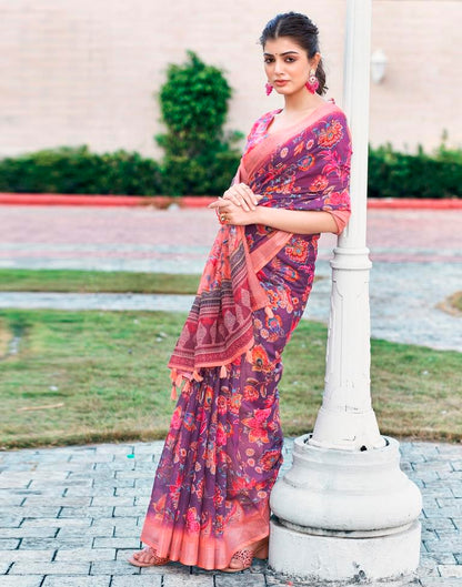 Wine Linen Printed Saree