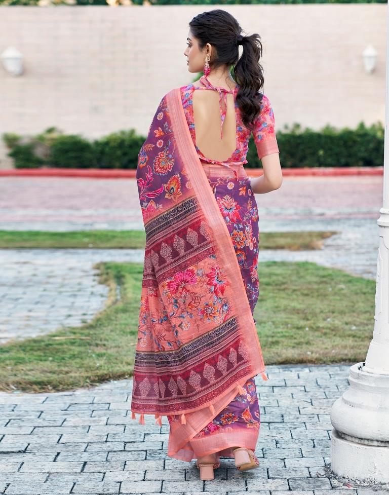 Wine Linen Printed Saree