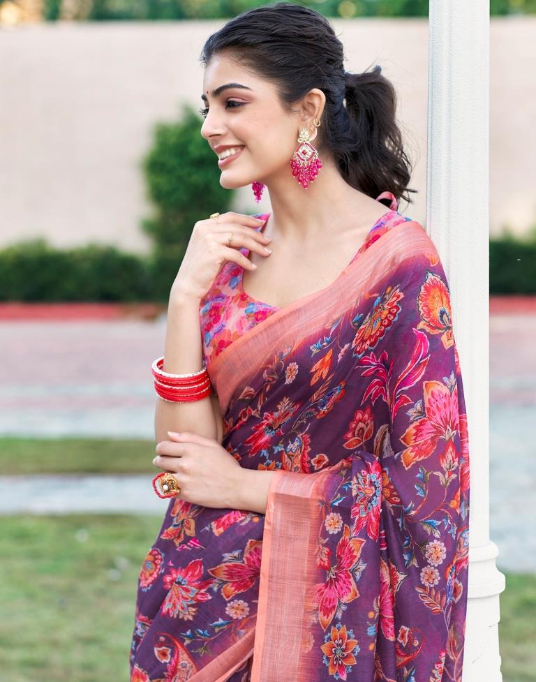 Wine Linen Printed Saree