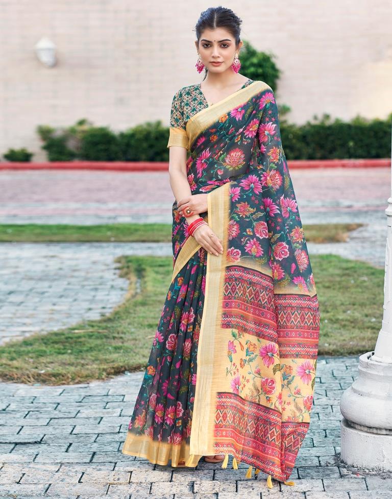 Dark Grey & Multicoloured Linen Printed Saree