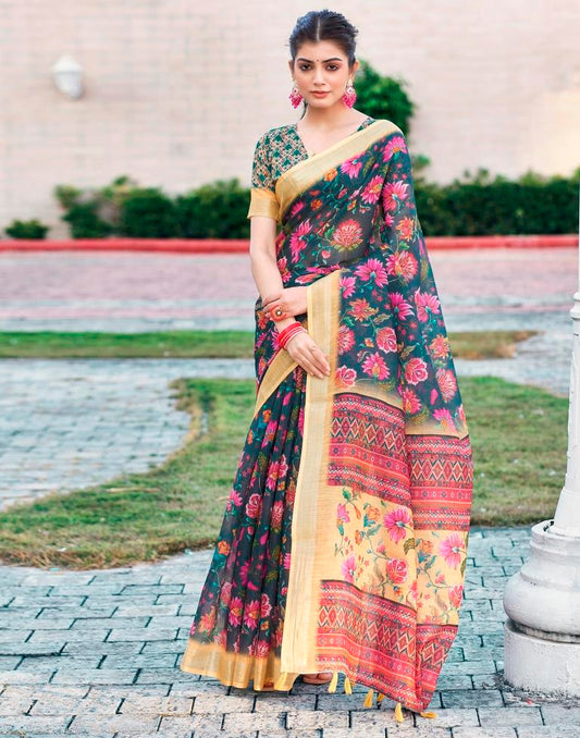 Dark Grey & Multicoloured Linen Printed Saree
