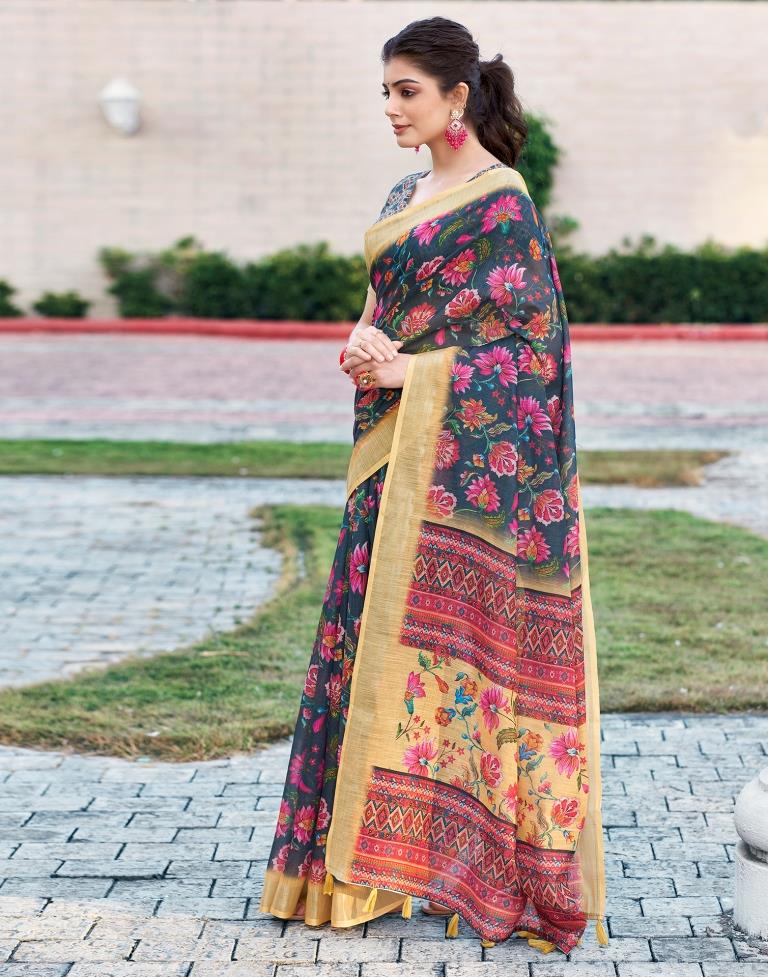 Dark Grey & Multicoloured Linen Printed Saree