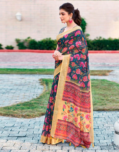 Dark Grey & Multicoloured Linen Printed Saree