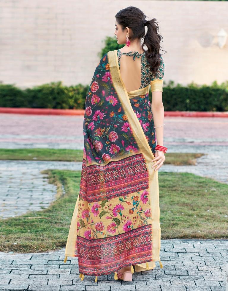 Dark Grey & Multicoloured Linen Printed Saree