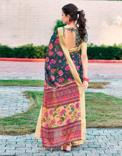 Dark Grey & Multicoloured Linen Printed Saree
