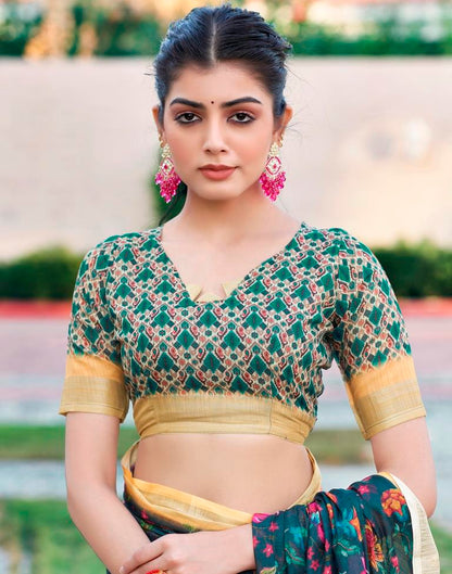 Dark Grey & Multicoloured Linen Printed Saree