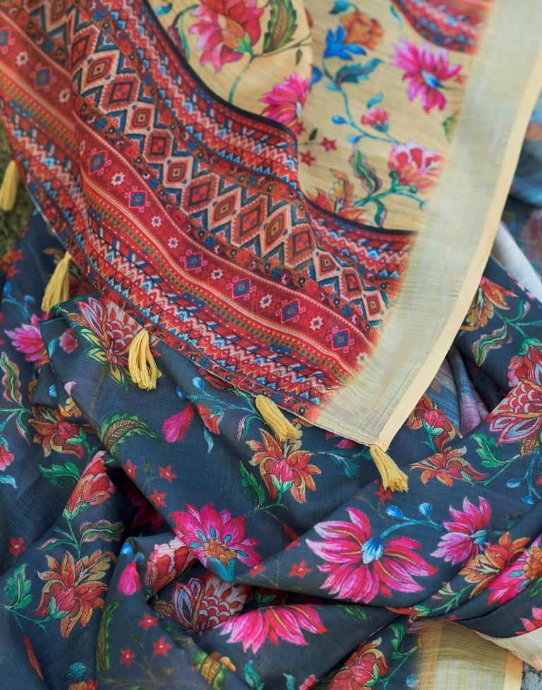 Dark Grey & Multicoloured Linen Printed Saree
